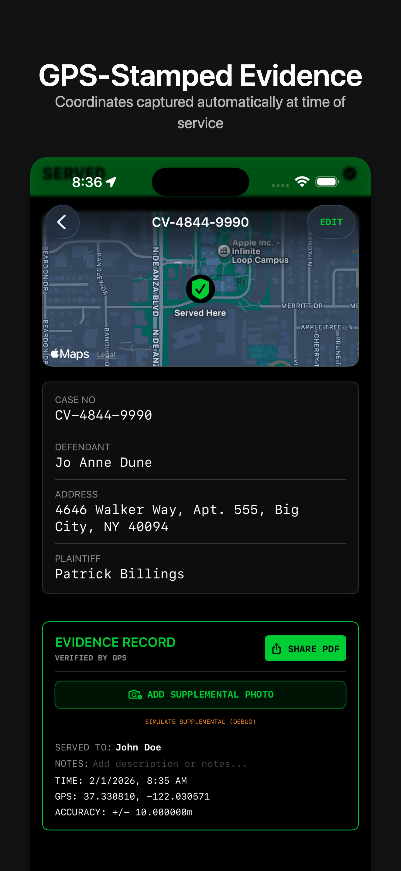 ServeProof app — GPS-stamped proof of service